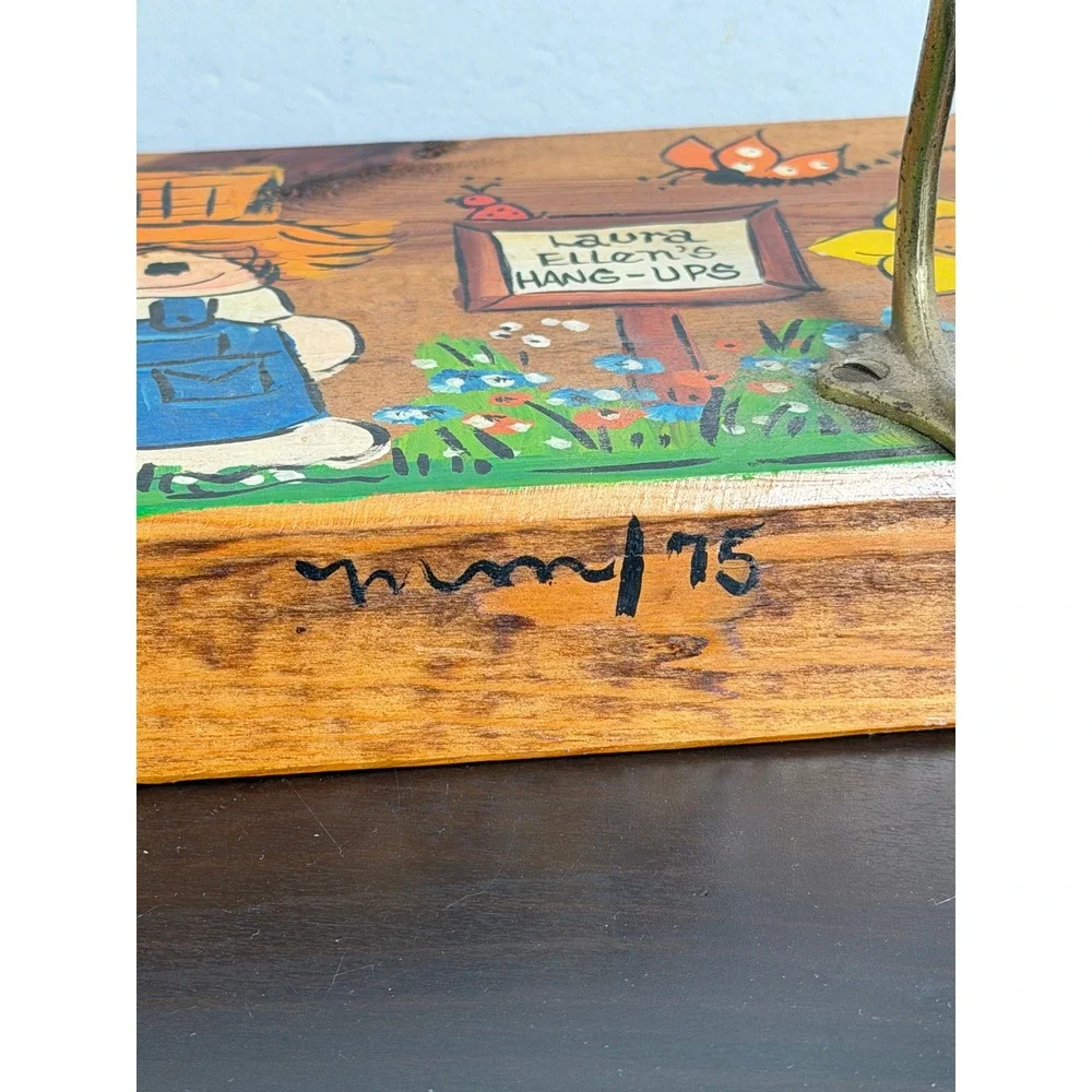 Vintage 1975 Hand Painted Wood Wall Hook Coat Rack Folk Art Cottagecore Retro